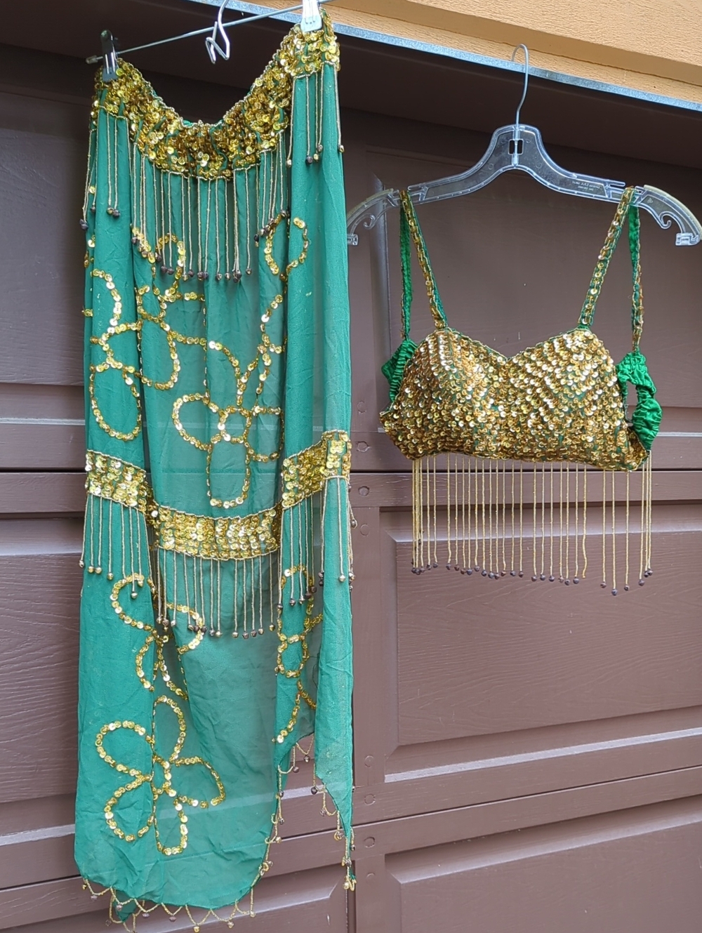 Green and Gold Sequin Belly Dance Costume Top and Skirt - Halloween Costume